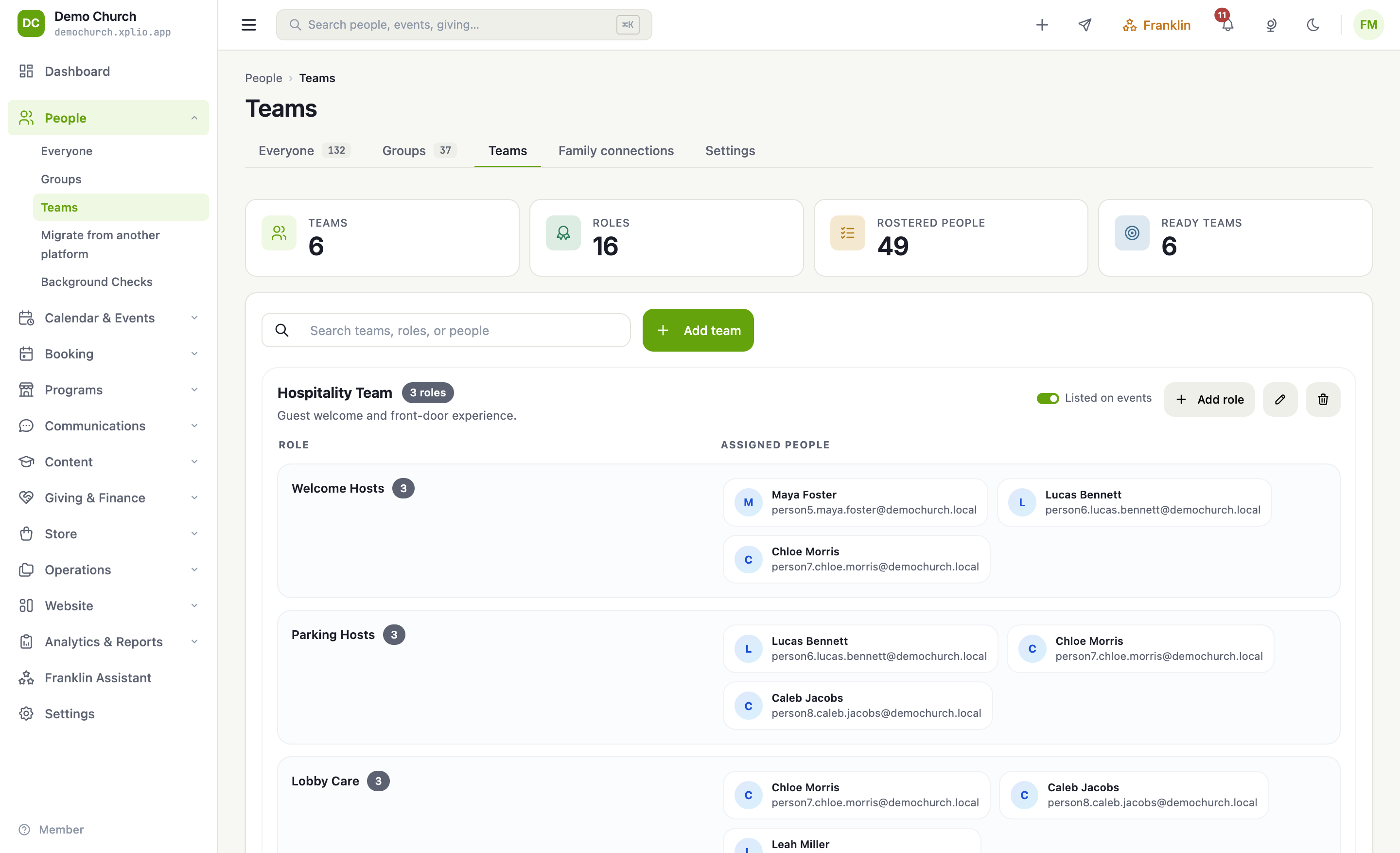 Teams, roles, and rostered people.